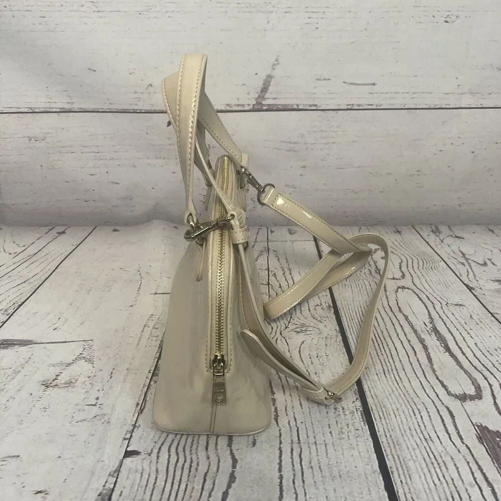 Dkny PVC‎ Monogram Embossed Satchel Beige Small Chic Everyday Adjustable Stap